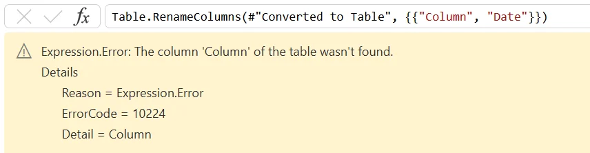 Power Query step-level Expression.Error showing that a referenced column was not found.