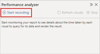 Power BI Performance Analyzer pane showing the Start recording action.
