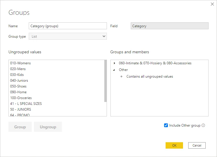 Power BI Groups dialog showing manually selected category groups and an Other group.