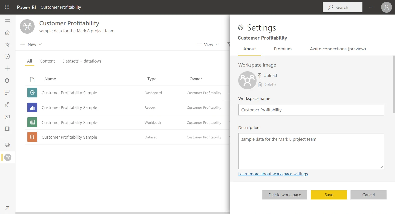 Power BI service workspace with its Settings pane open, showing workspace name and configuration.