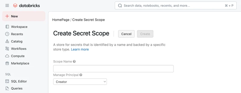Azure Databricks Create Secret Scope page for an Azure Key Vault-backed secret scope.