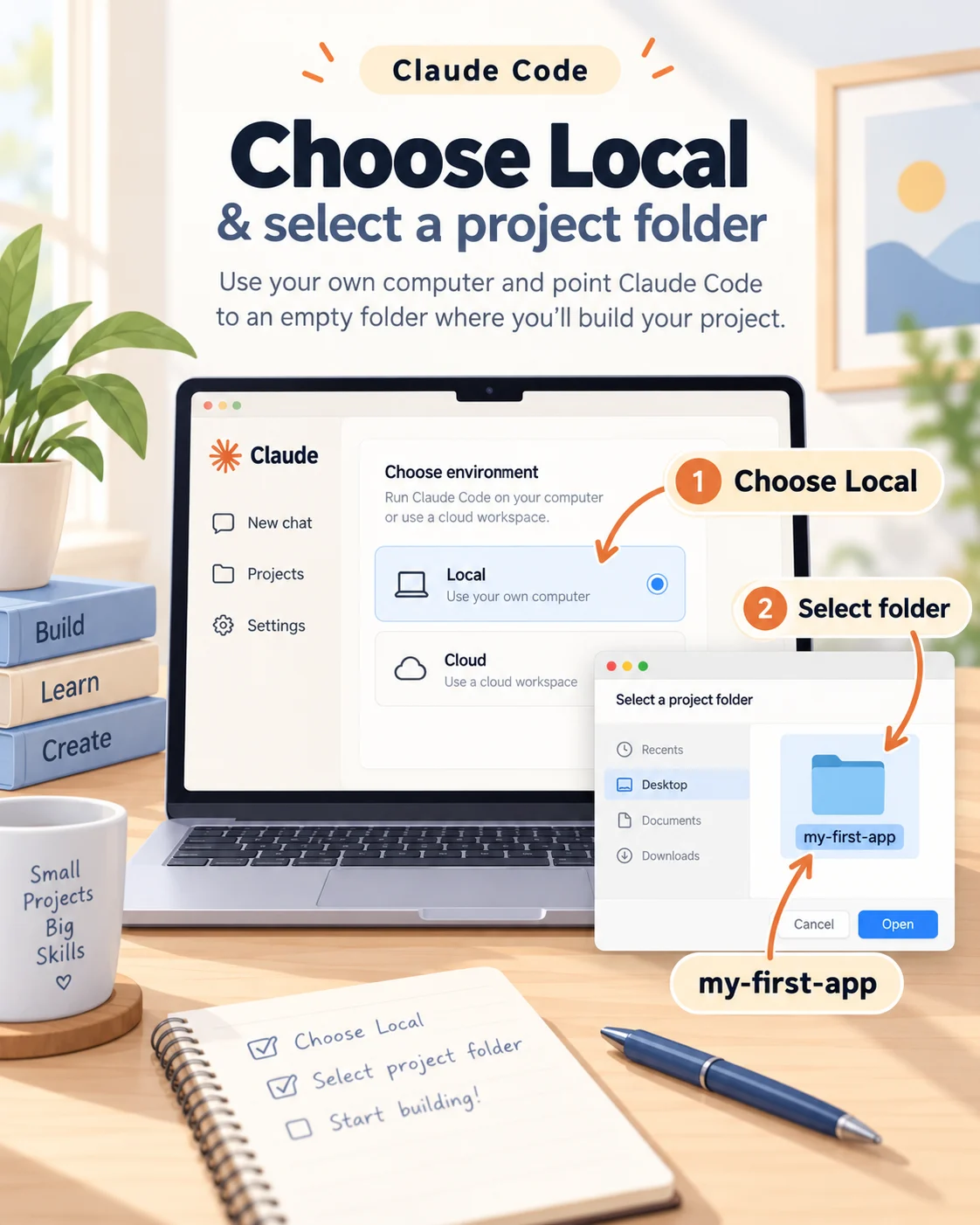 Beginner visual showing Claude Code Local selected and an empty my-first-app folder being chosen.
