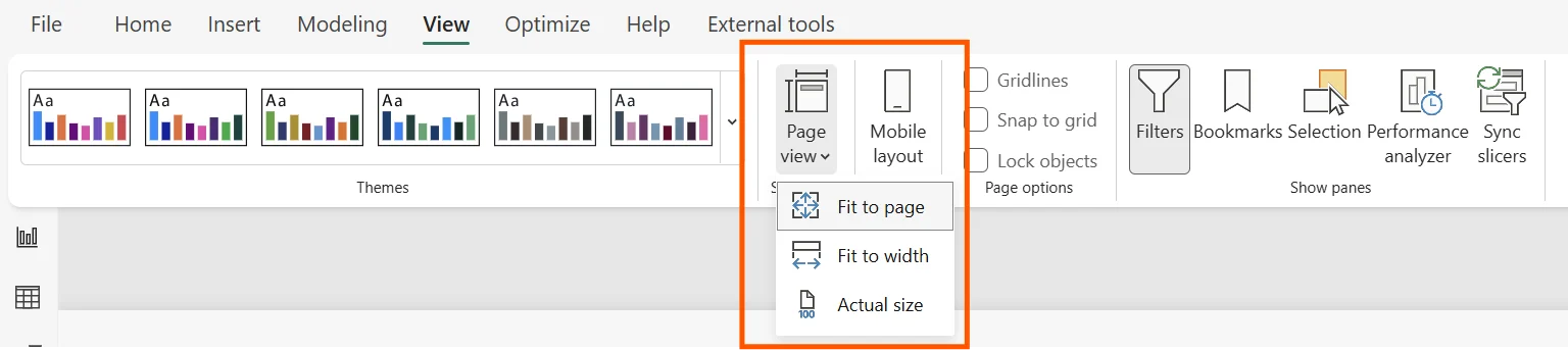 Power BI Desktop View ribbon showing Fit to page, Fit to width, and Actual size page view settings.