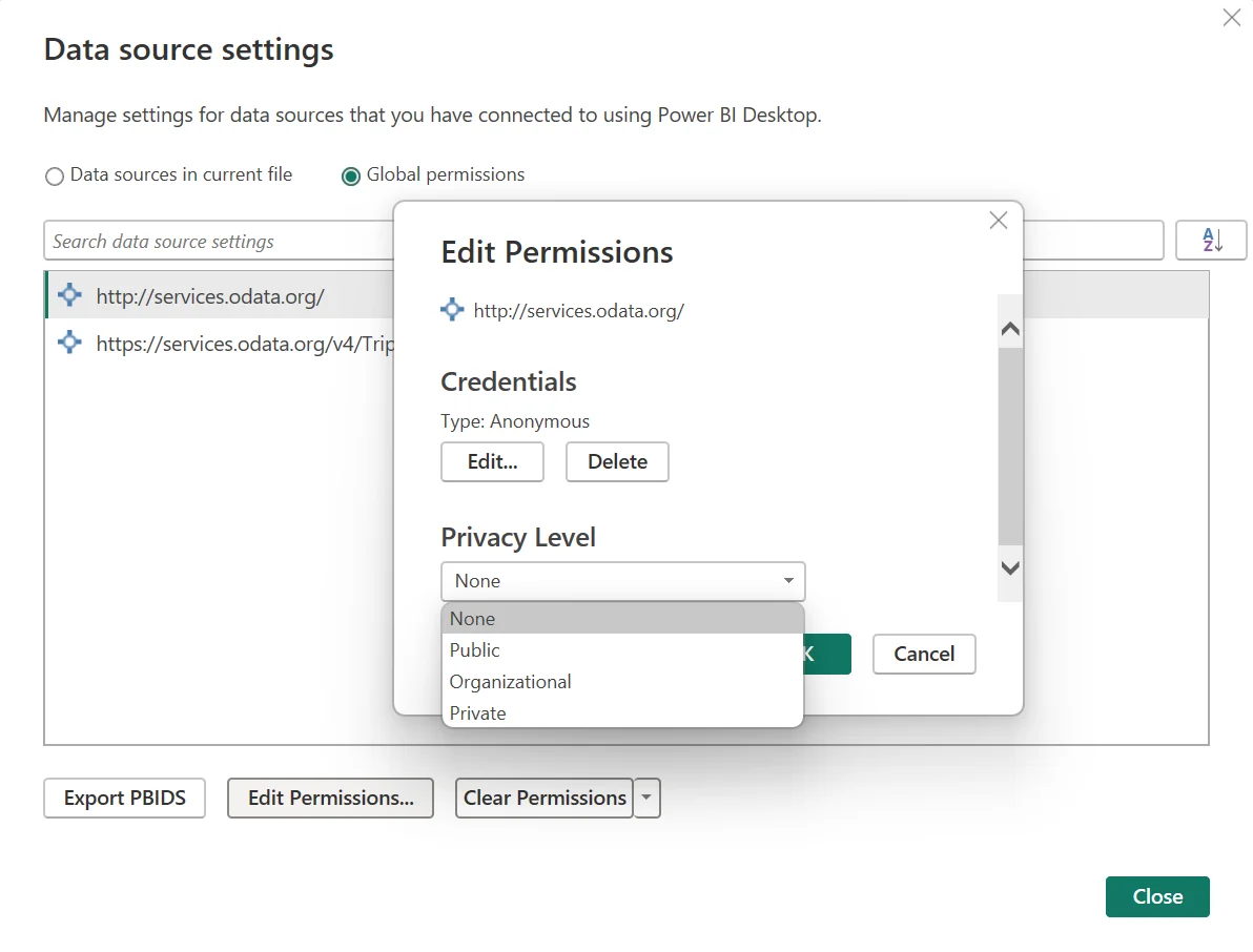Power Query Data source settings with Edit Permissions open and privacy levels None, Public, Organizational and Private visible.