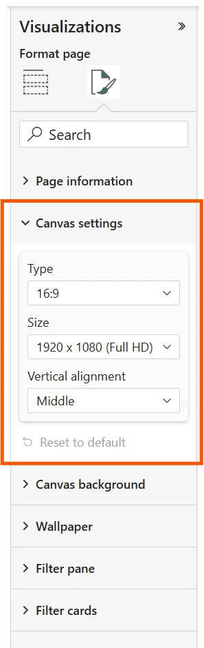Power BI Format page pane showing canvas type, pixel size, and vertical alignment settings.