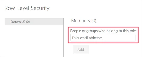 Power BI Row-Level Security pane showing how users or groups are added to an RLS role.