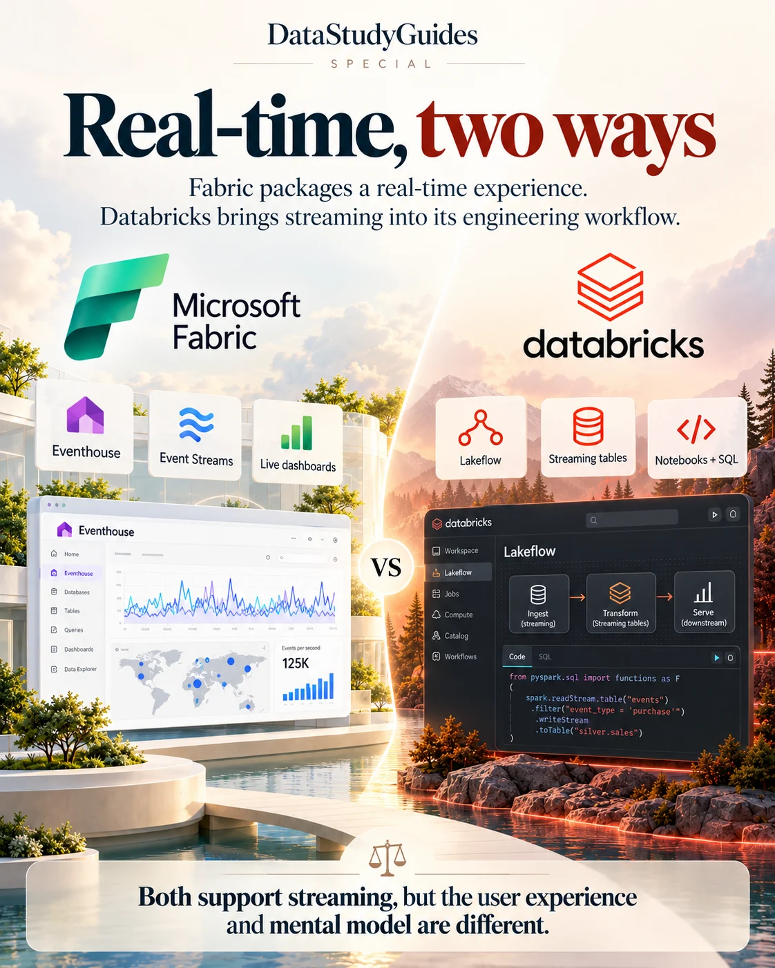 Real-time comparison with Fabric Real-Time Intelligence on the left and Databricks streaming workflows on the right.