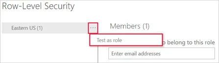Power BI Row-Level Security pane showing the Test as role action.