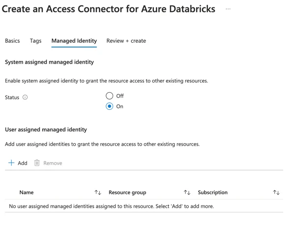 Azure portal screen for configuring a system-assigned or user-assigned managed identity on an Access Connector for Azure Databricks.