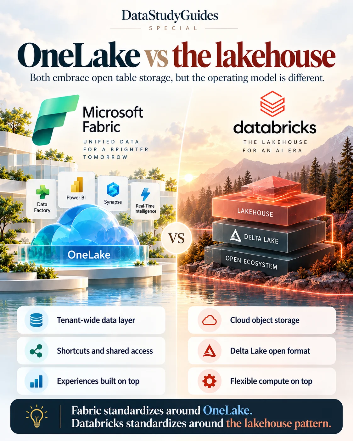OneLake versus the lakehouse comparison with Microsoft Fabric on the left and Databricks on the right.