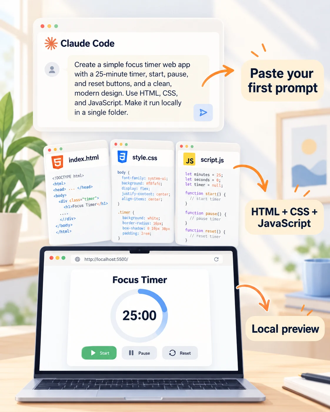 Beginner visual showing Claude Code turning a first prompt into a local app.