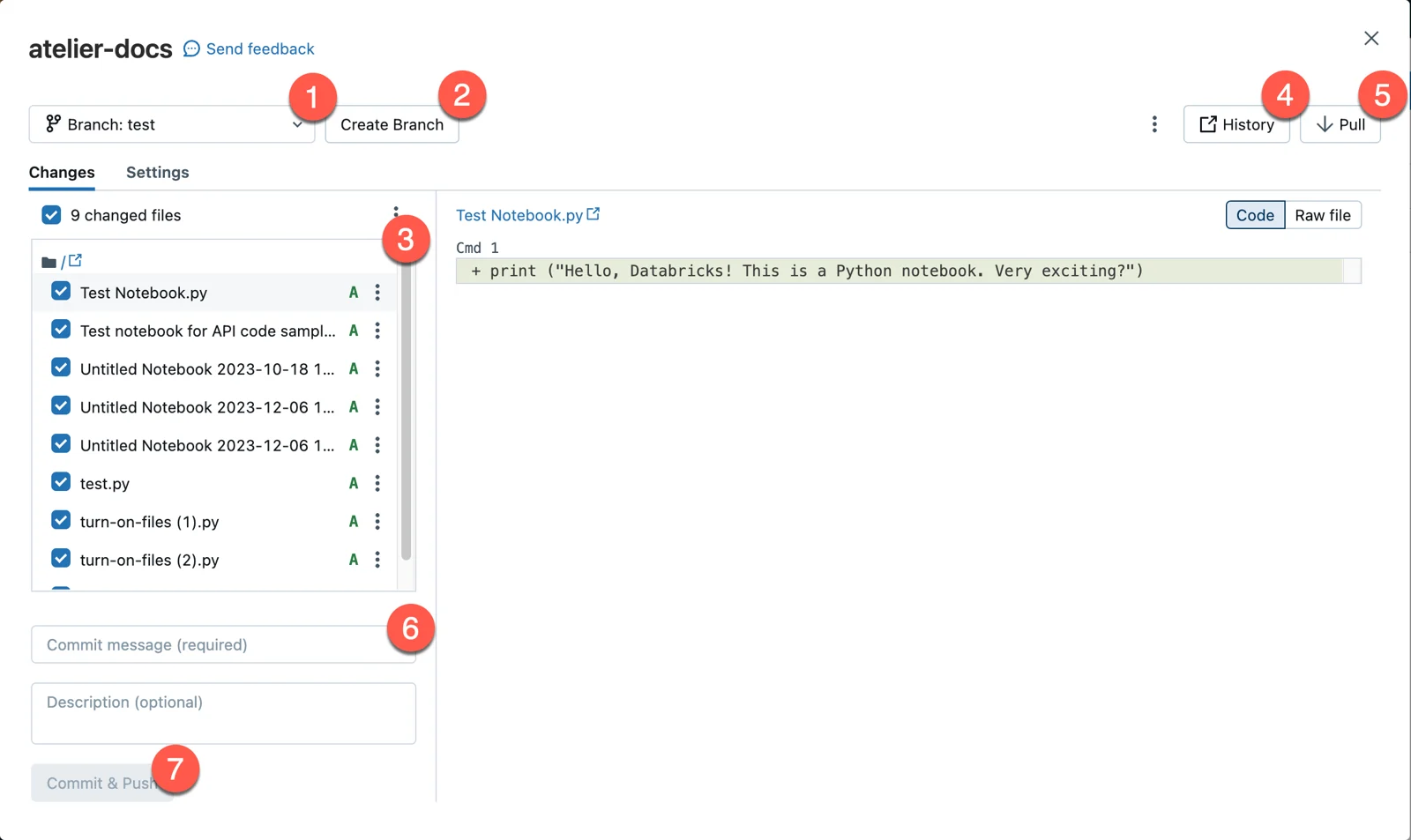 Azure Databricks Git folder dialog showing branch selection, changed files, history, pull, and commit controls.