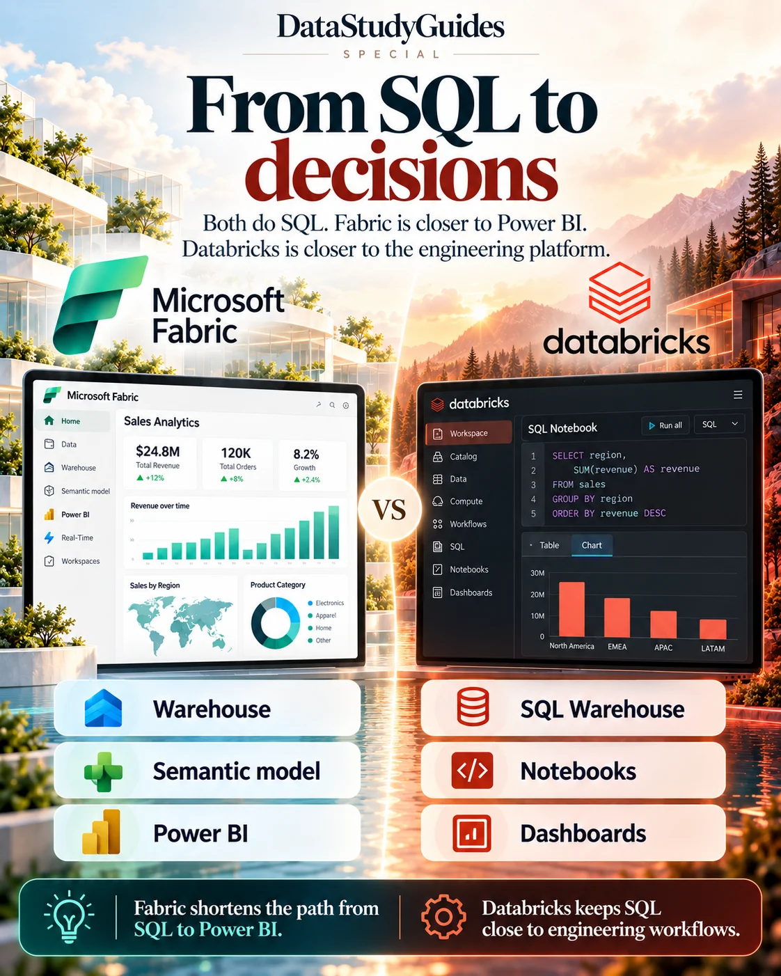 SQL to decisions comparison with Fabric and Power BI on the left and Databricks SQL on the right.
