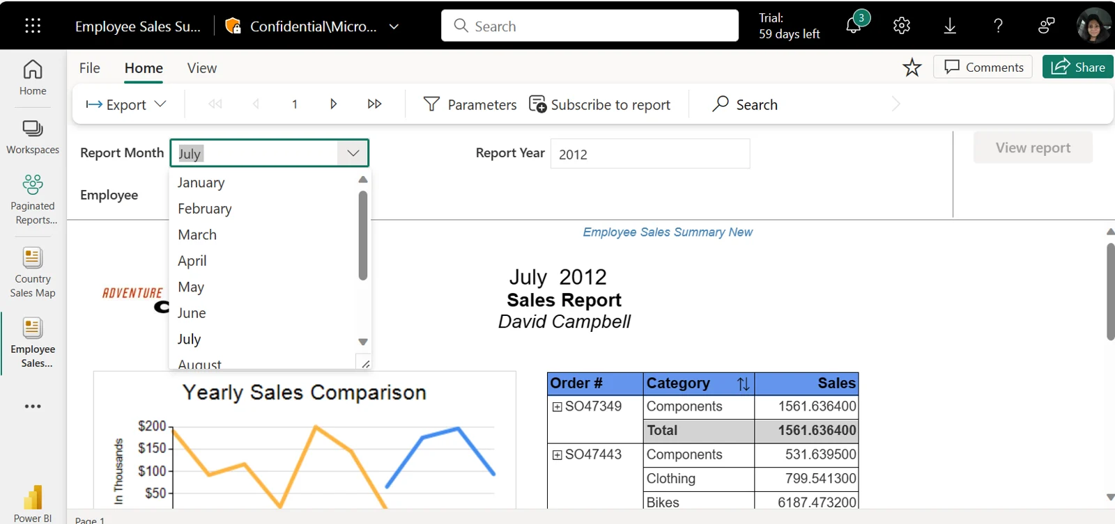 Power BI paginated report in the service with parameters and a print-ready report layout.