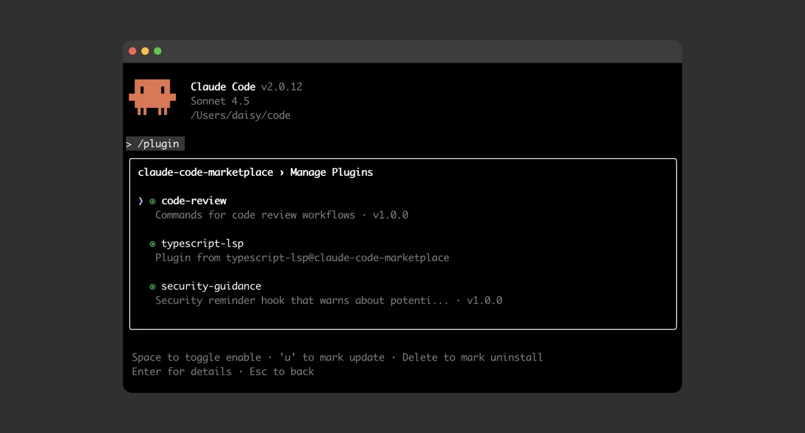 Official Claude Code terminal screenshot showing the plugin manager with reusable Claude Code extensions installed.