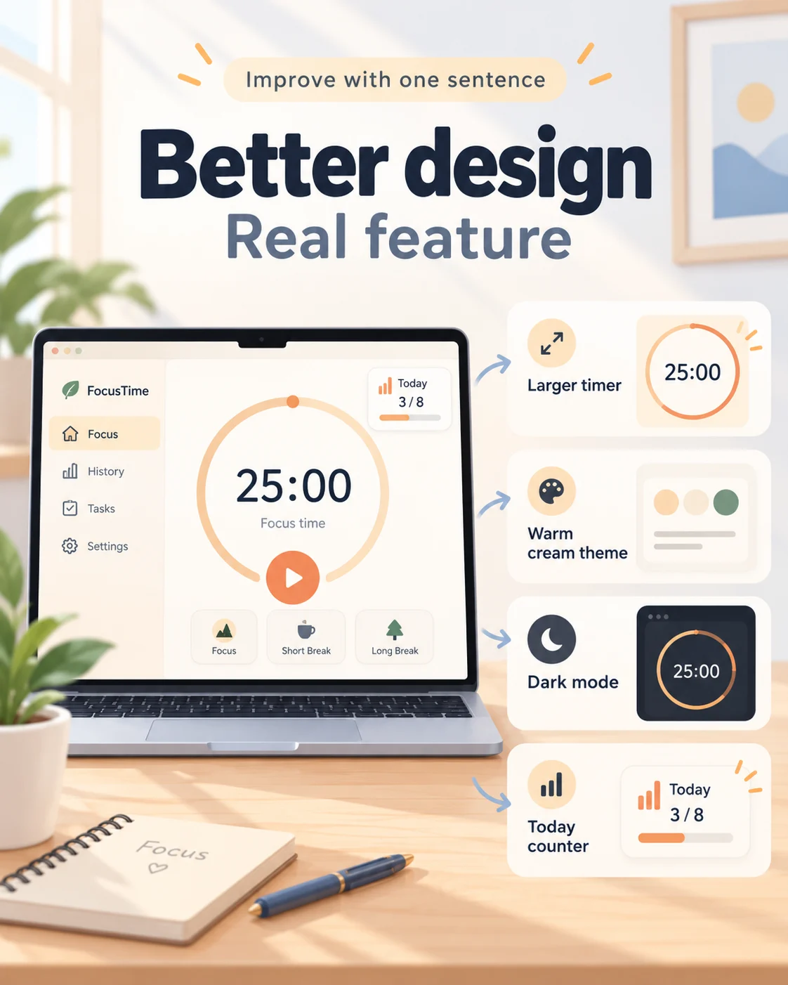 Beginner visual showing a playful app being improved with choices, favorites and a polished look.