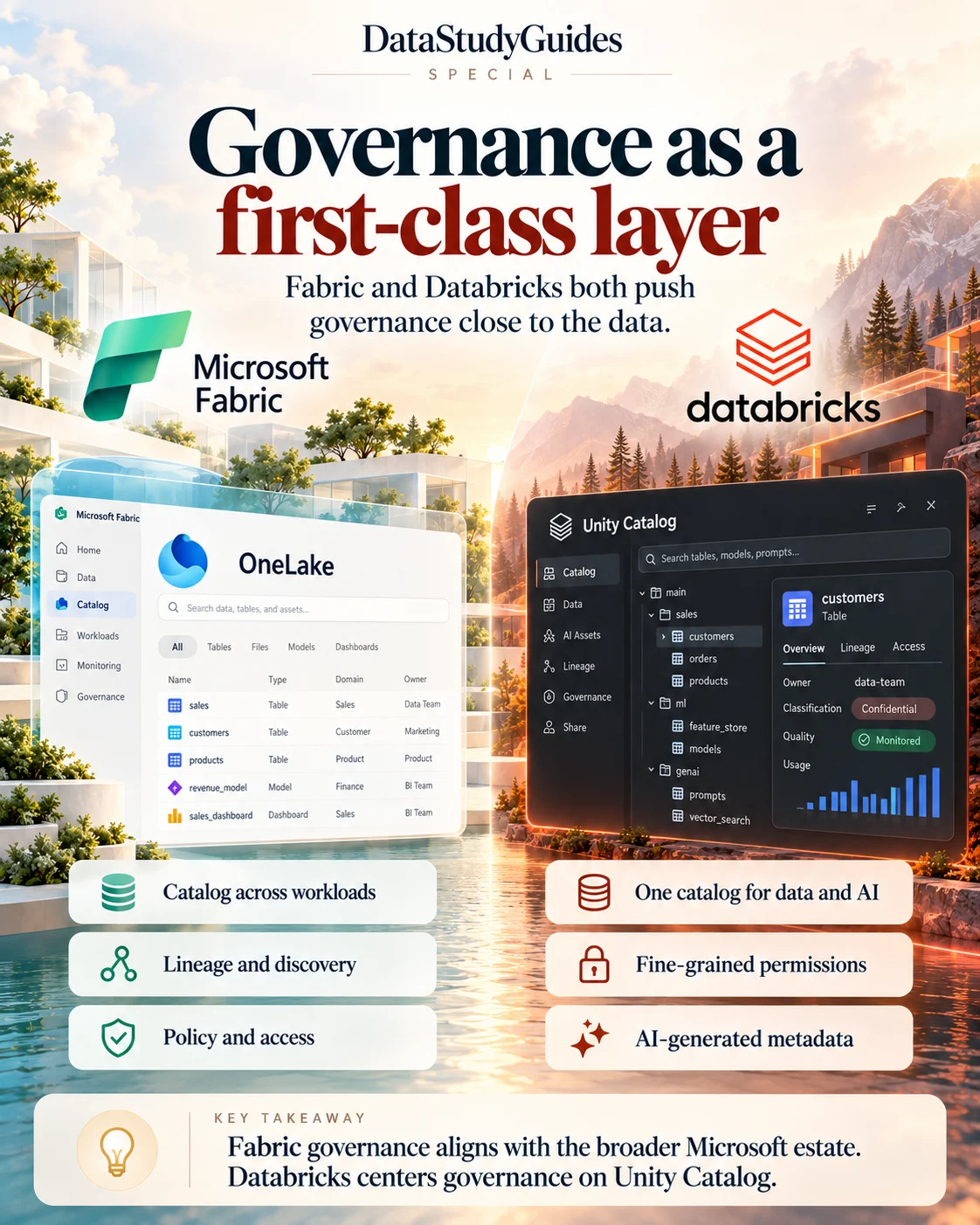 Governance comparison with Fabric and OneLake governance on the left and Databricks Unity Catalog on the right.