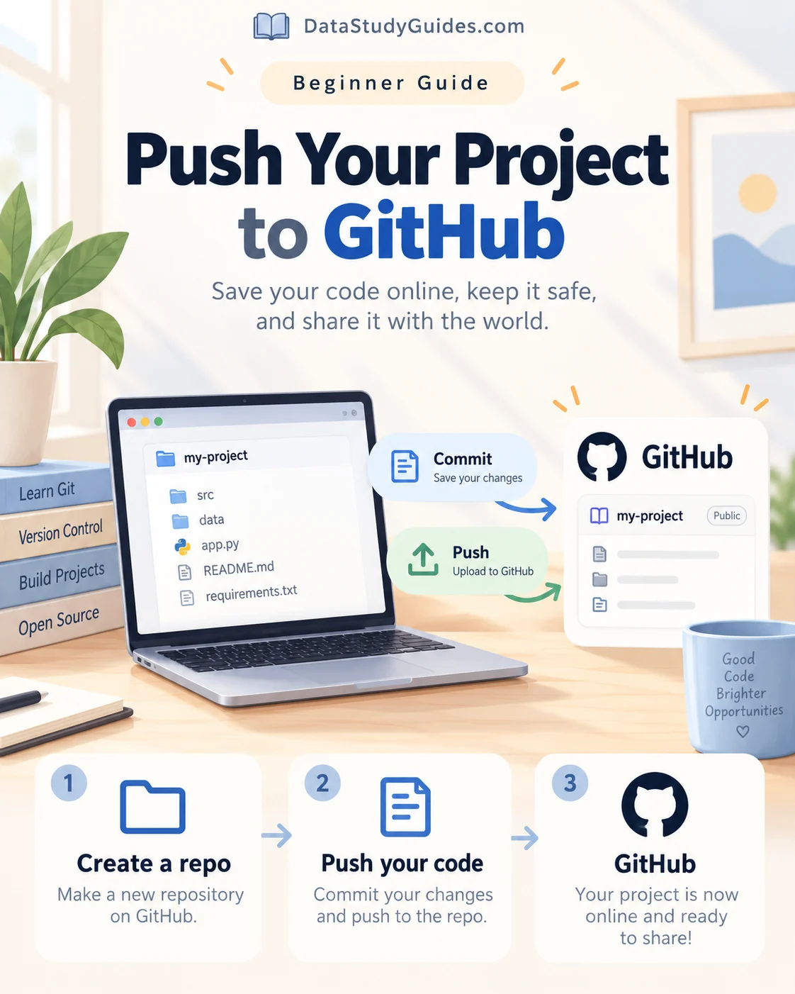 Beginner visual showing a local project moving into a GitHub repository.
