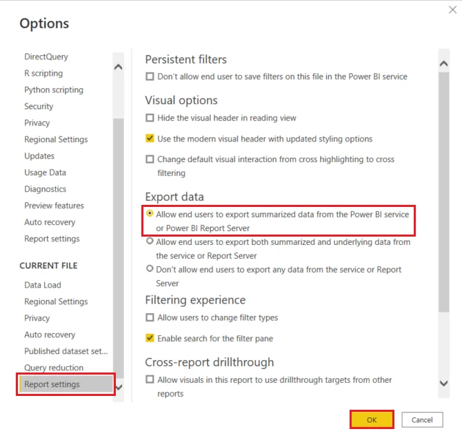Power BI Desktop Report settings showing summarized, underlying, and disabled export options.