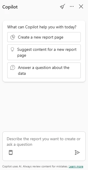 Power BI Copilot pane with options to create a report page, suggest content, or answer a question.