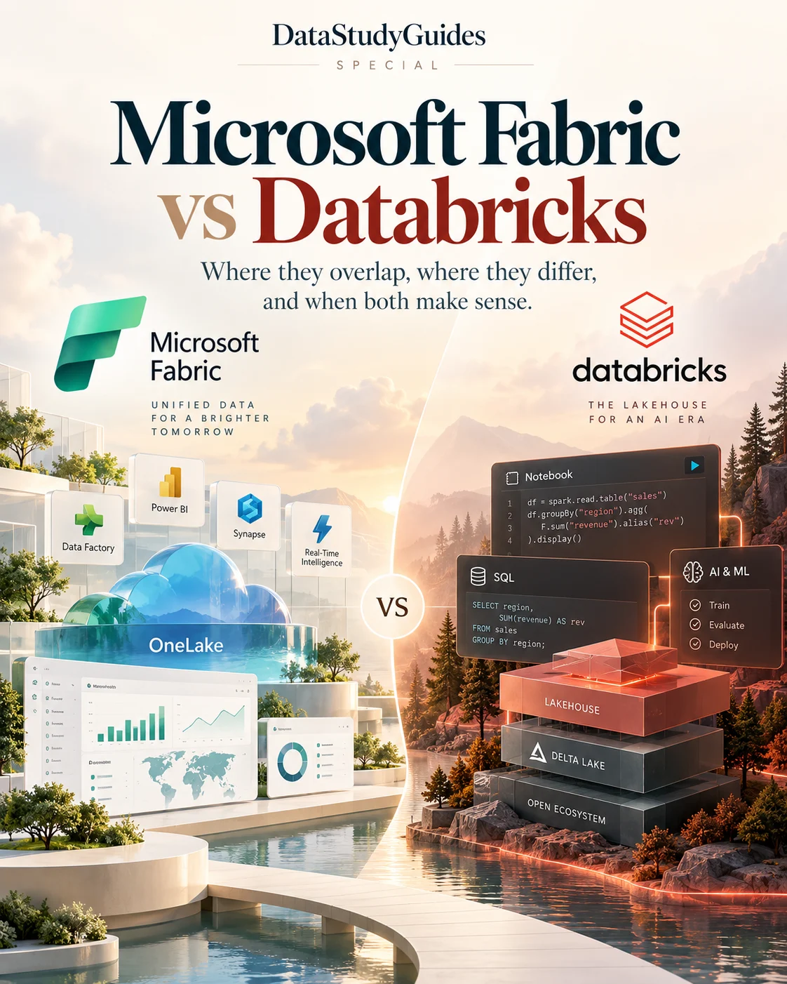 Editorial cover comparing Microsoft Fabric on the left with Databricks on the right.