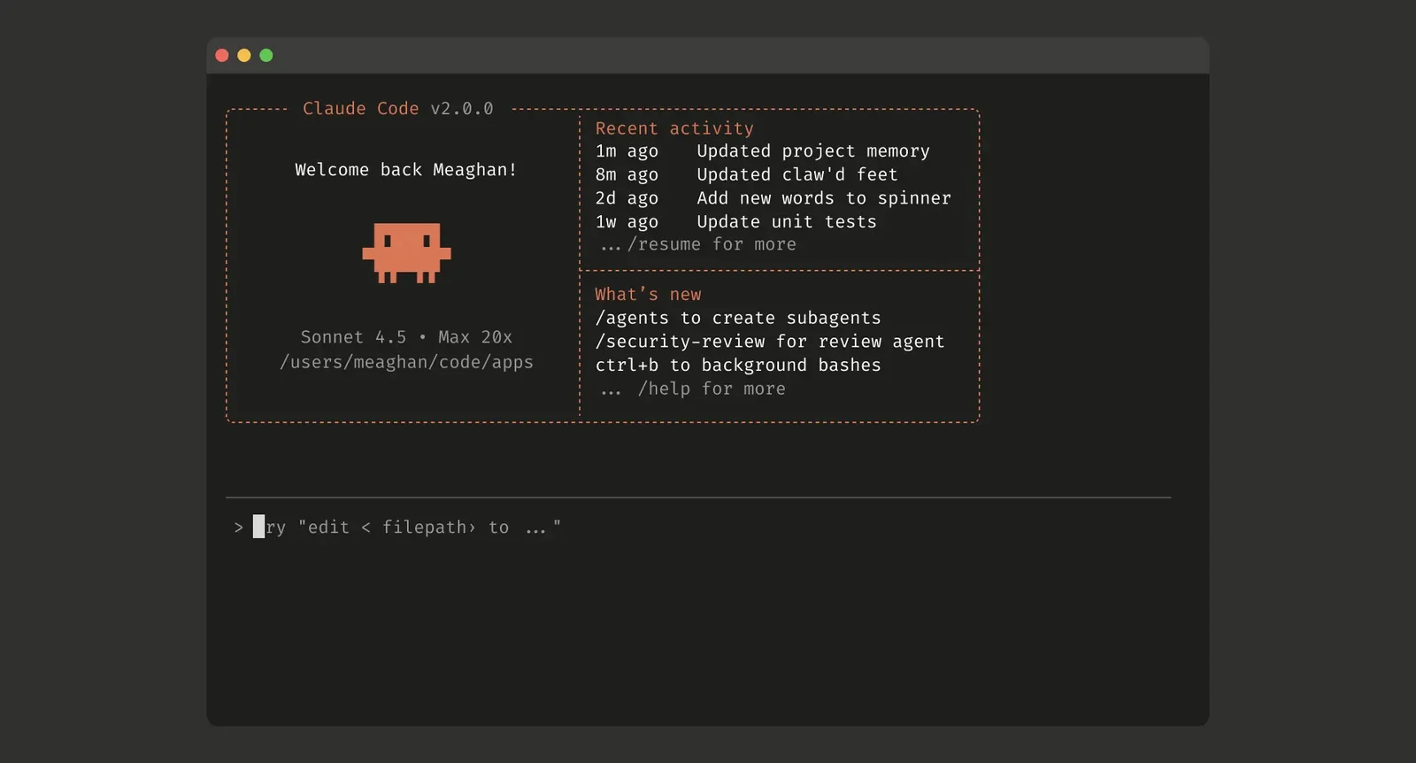 Official Anthropic Claude Code terminal screenshot showing recent activity, subagents, security review, and background tasks.