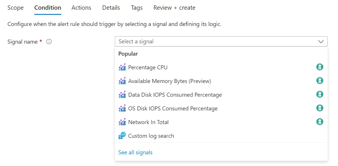 Azure Monitor alert rule condition screen showing selectable metric and log signals.