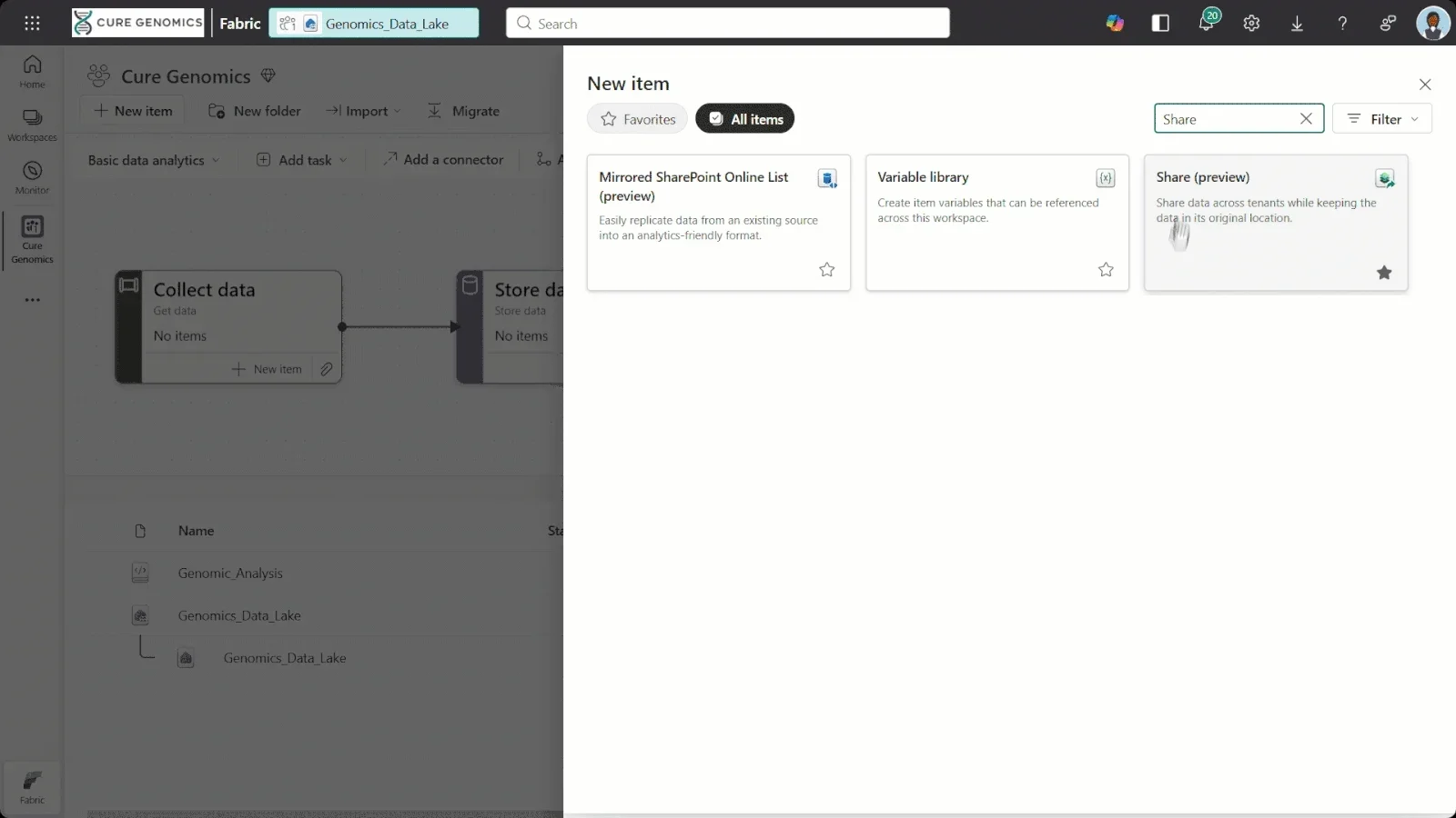 Microsoft Fabric interface for creating an IQ sharing item with governed data and business context.