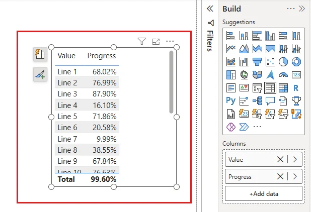 Power BI report table selected for a visual calculation, with the Build pane visible.