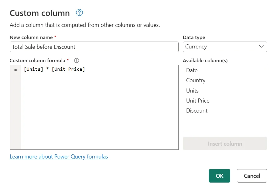 Power Query Custom column dialog creating Total Sale before Discount with the M formula Units times Unit Price.