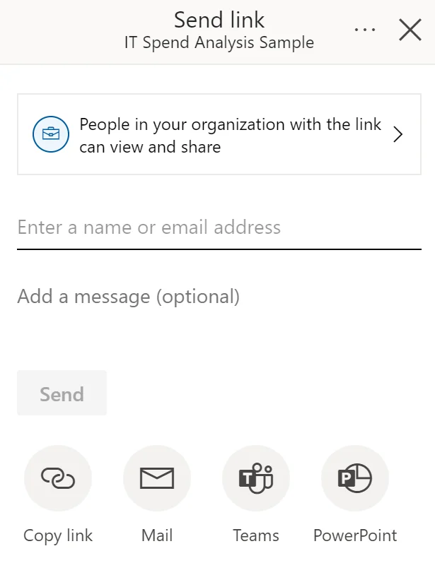 Power BI Send link dialog used to share one report with people or an organization.