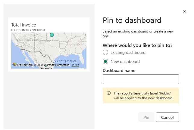 Power BI Pin to dashboard dialog for pinning a report visual to an existing or new dashboard.