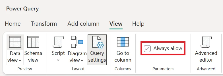 Power Query View ribbon showing the Parameters option used to allow parameters in transformation dialogs.