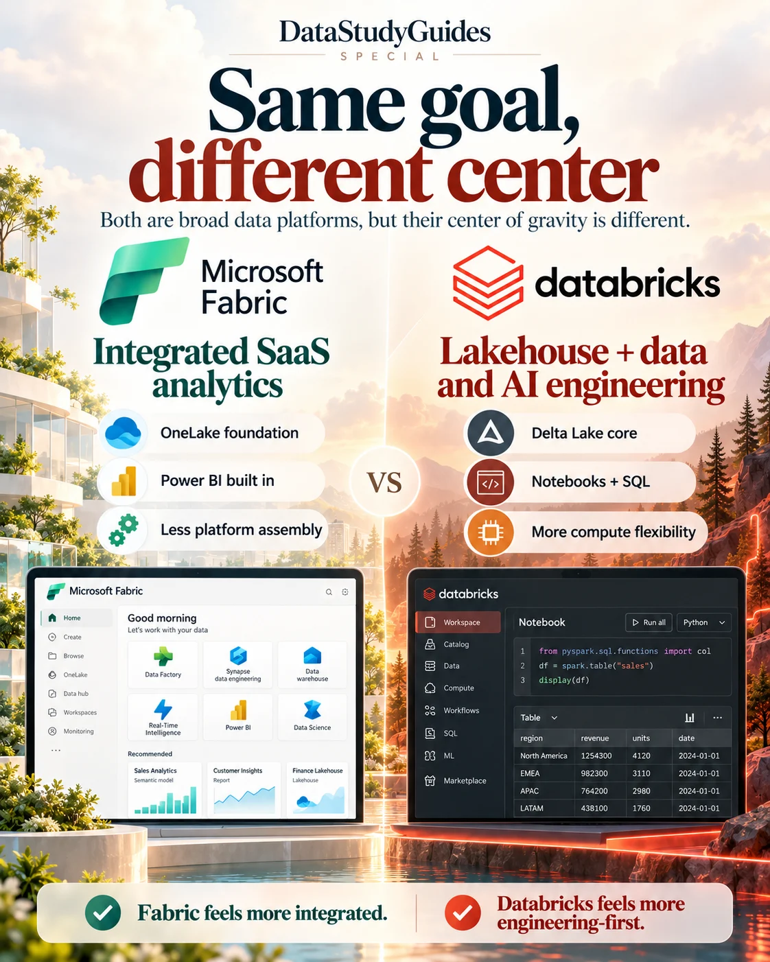 Comparison showing Fabric as integrated SaaS analytics on the left and Databricks as engineering-first lakehouse on the right.