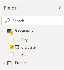 Power BI Fields pane showing a calculated CityState column created in the model.