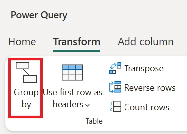Power Query Transform ribbon showing the Group by command.