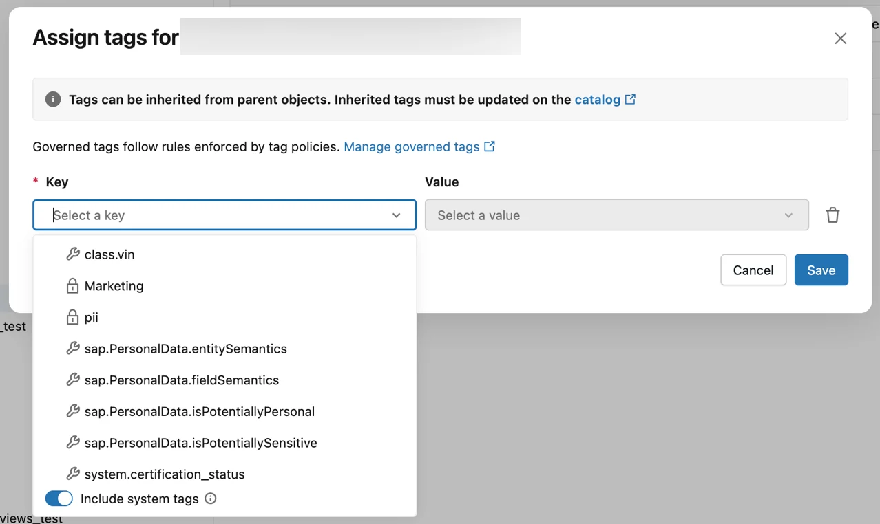 Microsoft Learn Catalog Explorer dialog for assigning governed and system tags to a Unity Catalog object.