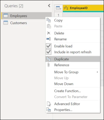 Power Query Queries pane with the Duplicate command selected.
