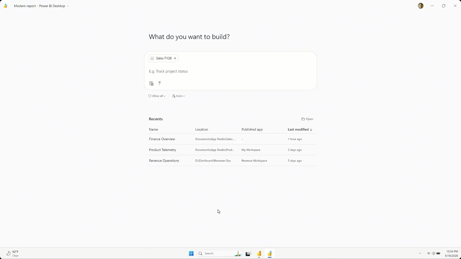 Microsoft Power BI Desktop preview showing natural-language app creation from a semantic model.
