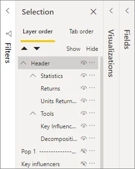 Power BI Selection pane showing nested visual groups, visibility icons, and layer order.