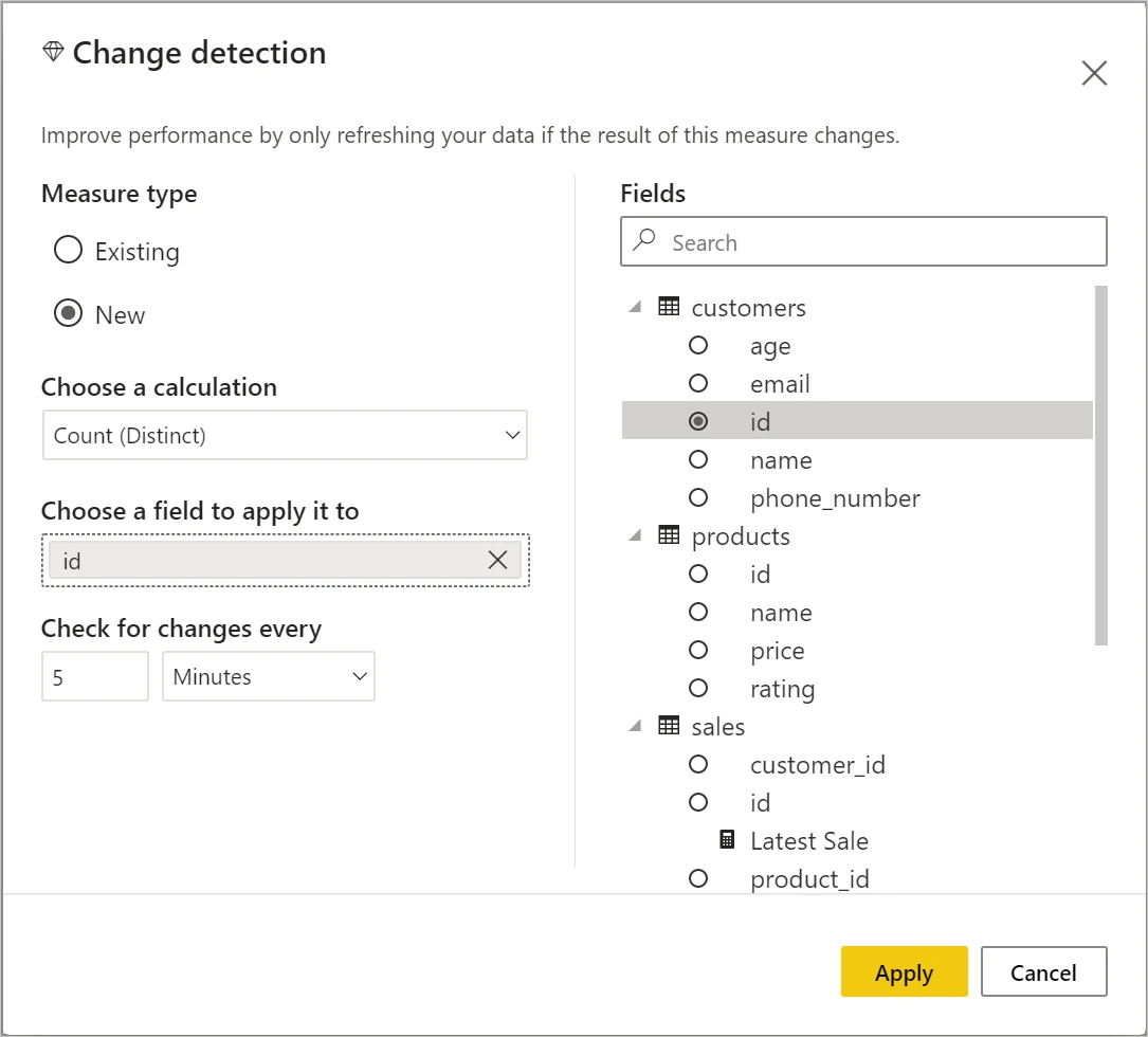 Power BI Change detection dialog configuring a measure and polling interval for automatic page refresh.