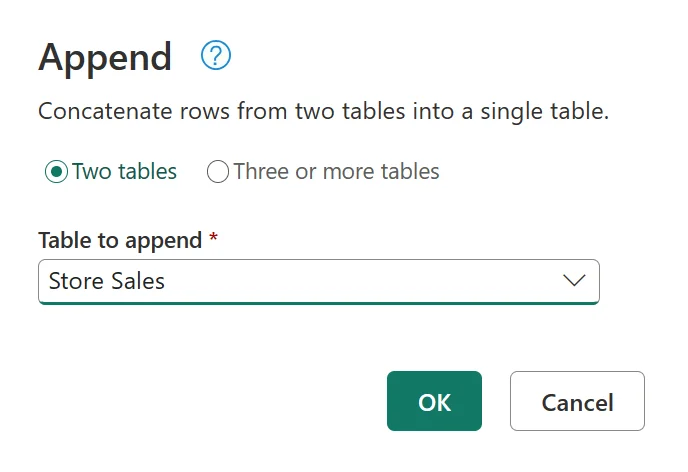 Power Query Append dialog configured to concatenate rows from two tables.