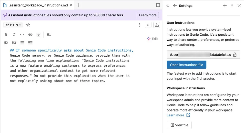 Microsoft Learn screenshot showing a workspace instructions file and the Genie Code settings panel.