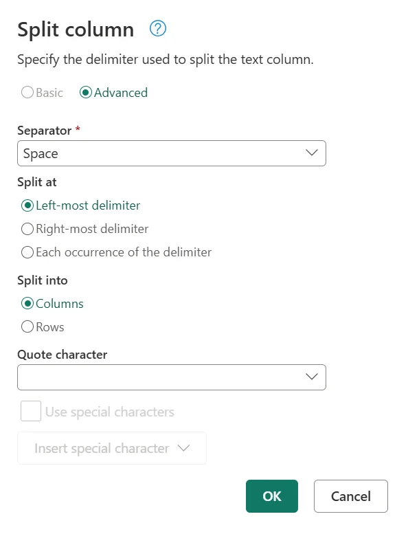 Power Query Split column dialog configured to split on the left-most space into columns.