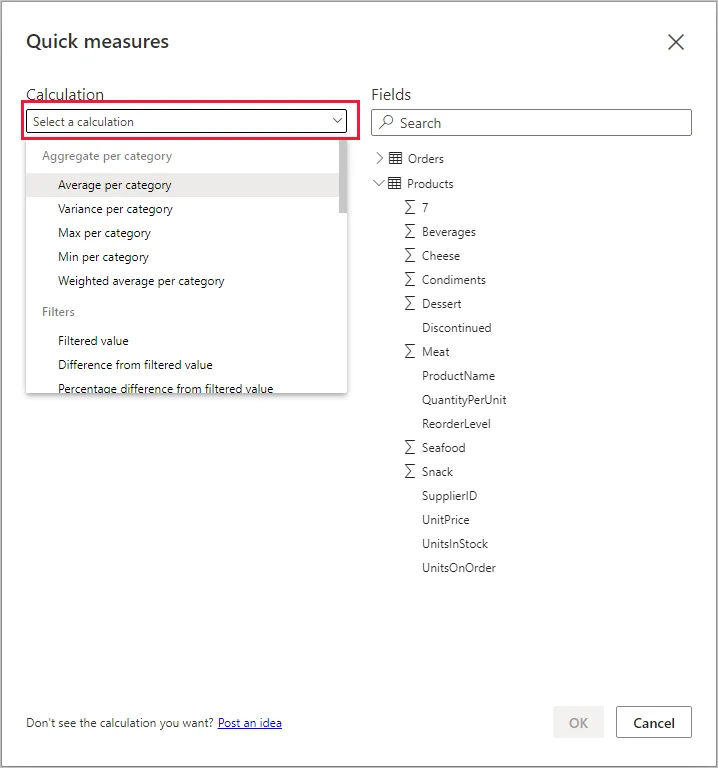 Power BI Quick measures dialog showing calculation categories and the fields used to configure a generated measure.
