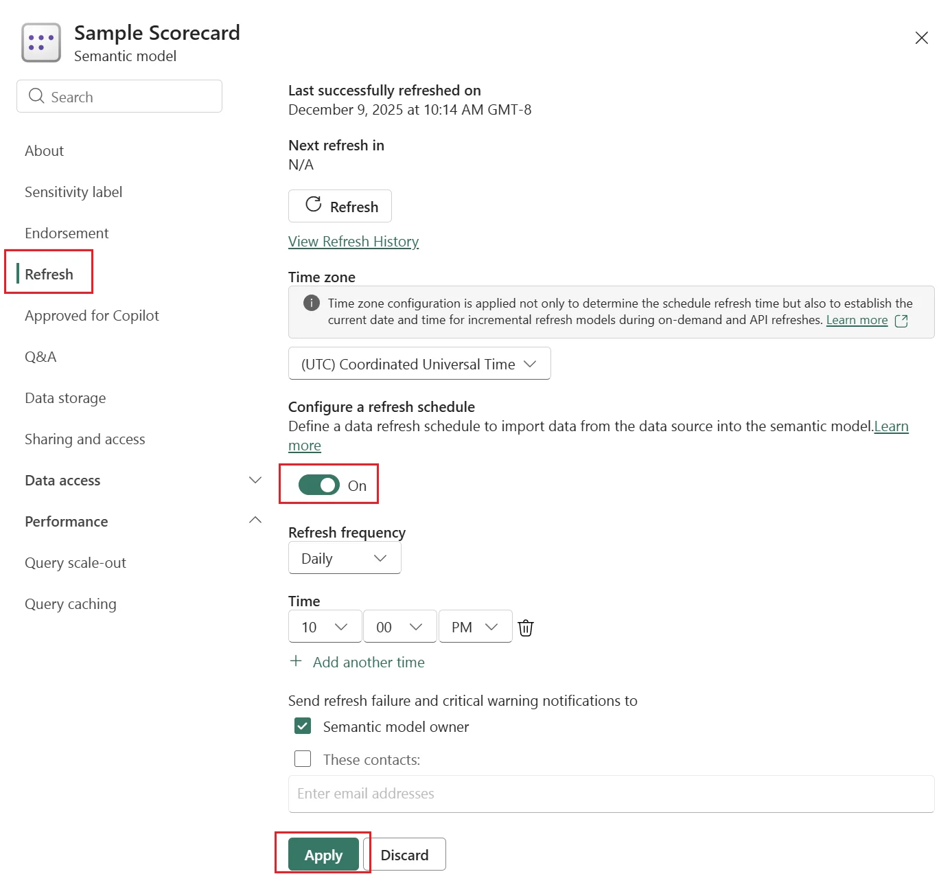 Power BI semantic model Refresh settings showing a scheduled refresh frequency, time, failure notifications, and refresh history.