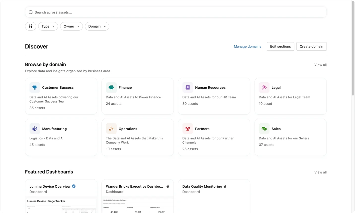 Official Databricks Unity Catalog interface showing governed asset discovery by business domain.