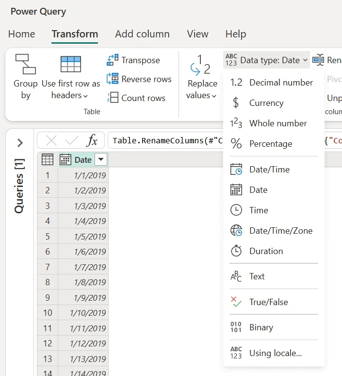 Power Query Transform tab with the Data type menu showing common types and Using locale.