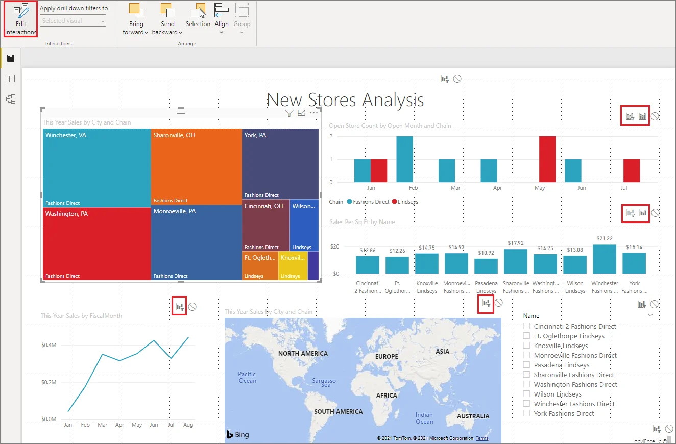 Power BI report with Edit interactions enabled and filter, highlight, and none interaction icons shown on target visuals.