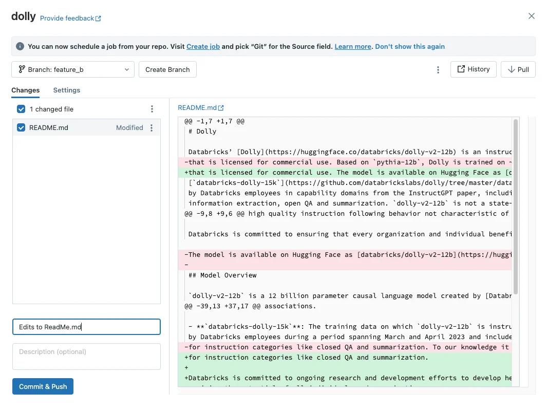 Azure Databricks Git folder dialog showing a file diff and Commit & Push workflow.